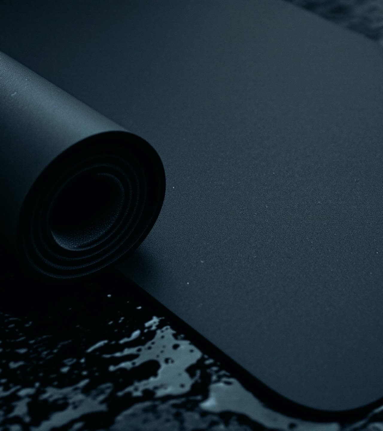 A matte black neoprene yoga mat half unrolled on wet slate, the spiral of the roll showing its thickness