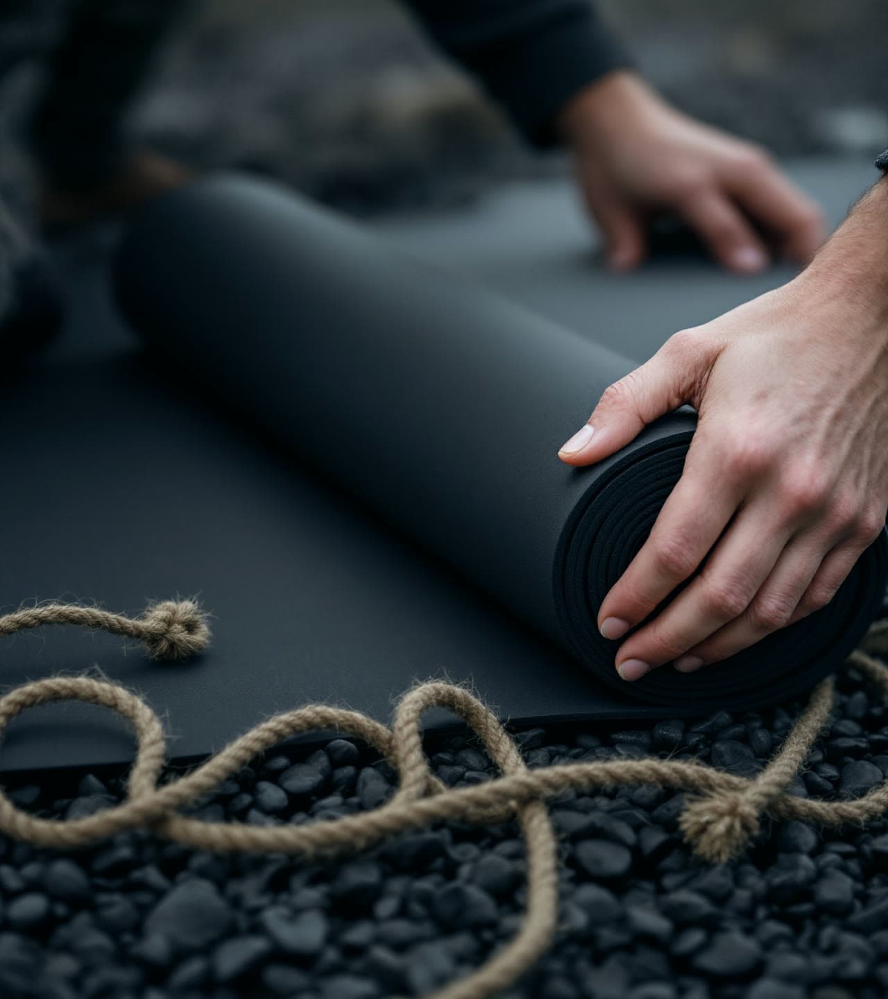 Two hands rolling a matte black neoprene mat on black basalt pebbles, a hemp rope beside it